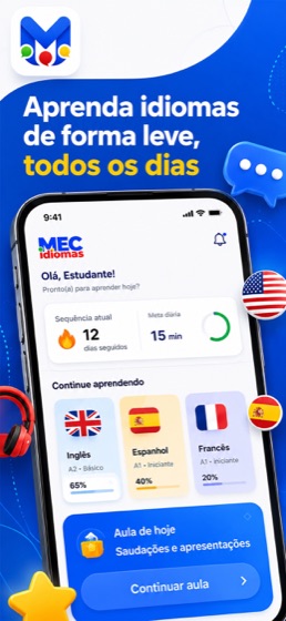 Tela inicial: sequência de dias e cursos de inglês, espanhol e francês